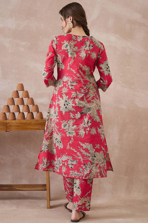 Red Floral Printed Cotton Kurti Pant Set (IDKS0RD12488)