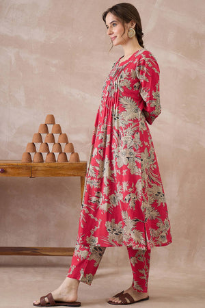Red Floral Printed Cotton Kurti Pant Set (IDKS0RD12488)