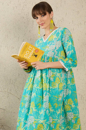 Sea Green Floral Printed Cotton Kurti Pant Set (IDKS0SG11886)