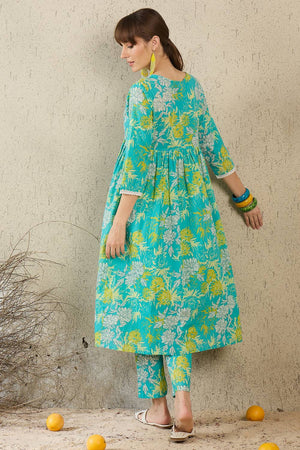 Sea Green Floral Printed Cotton Kurti Pant Set (IDKS0SG11886)