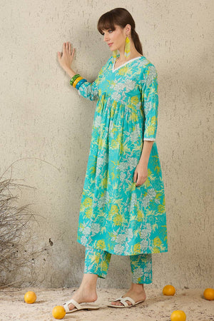 Sea Green Floral Printed Cotton Kurti Pant Set (IDKS0SG11886)
