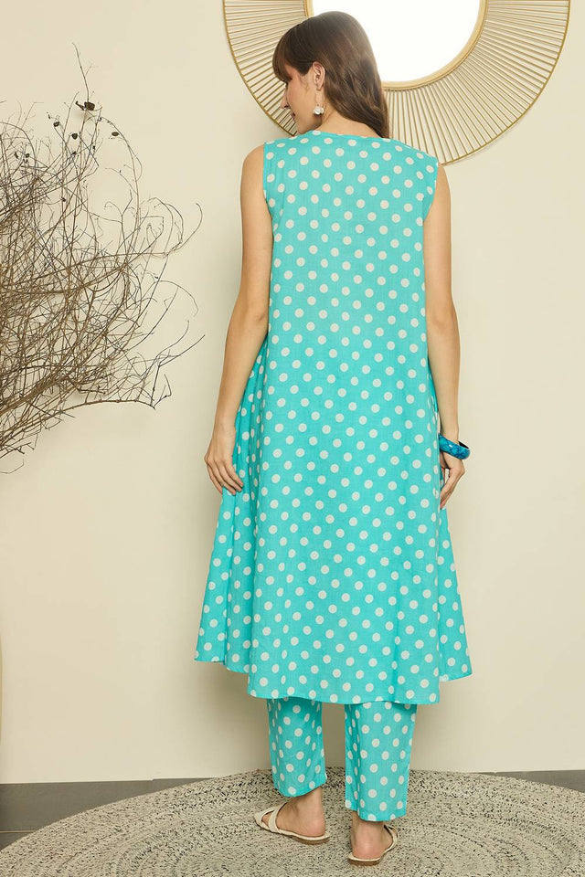Sea Green Printed Cotton Kurti Pant Set (IDKS0SG11929)