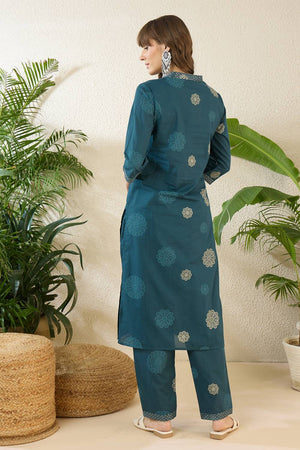 Turquoise Floral Printed Cotton Kurti Pant Set (IDKS0TL12465)