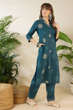 Turquoise Floral Printed Cotton Kurti Pant Set (IDKS0TL12465)