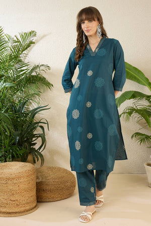 Turquoise Floral Printed Cotton Kurti Pant Set (IDKS0TL12465)