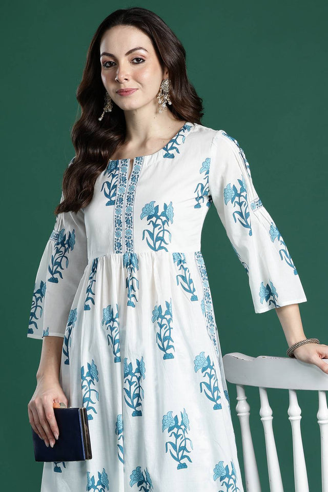 White Floral Printed Cotton Kurti Pant Set (IDKS0WH10628)