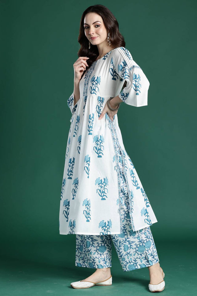 White Floral Printed Cotton Kurti Pant Set (IDKS0WH10628)