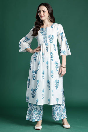 White Floral Printed Cotton Kurti Pant Set (IDKS0WH10628)