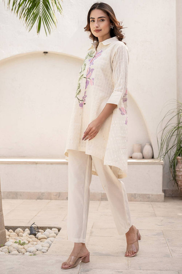 White Floral Printed Cotton Kurti Pant Set (IDKS0WH11240)
