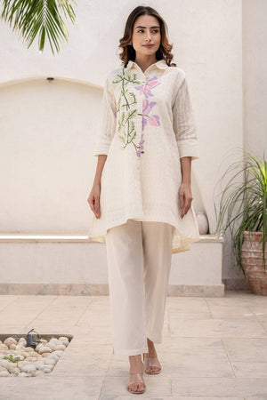 White Floral Printed Cotton Kurti Pant Set (IDKS0WH11240)