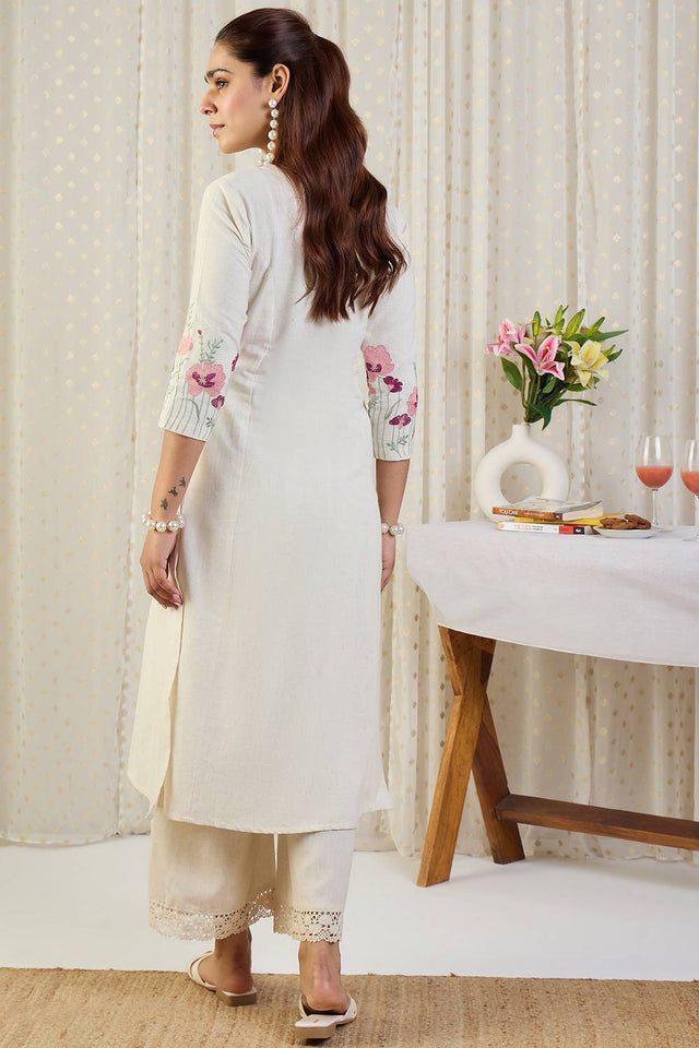 White Floral Embroidered Cotton Blend Kurti Pant Set (IDKS0WH12190)