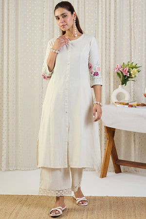 White Floral Embroidered Cotton Blend Kurti Pant Set (IDKS0WH12190)