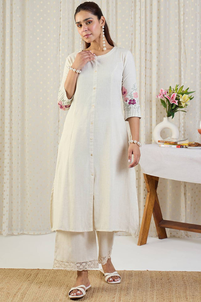 White Floral Embroidered Cotton Blend Kurti Pant Set (IDKS0WH12190)