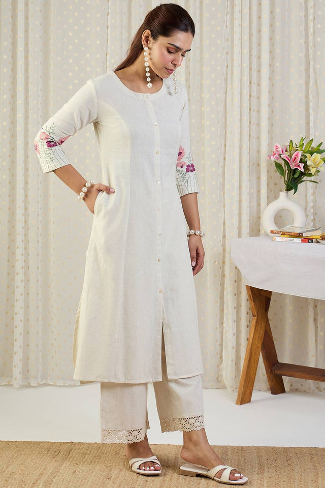 White Floral Embroidered Cotton Blend Kurti Pant Set (IDKS0WH12190)