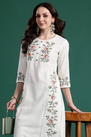 White Floral Printed Cotton Kurti Pant Set (IDKS0WH9860)