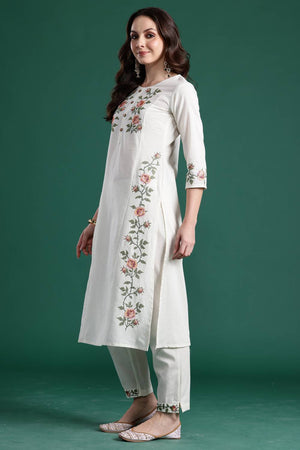 White Floral Printed Cotton Kurti Pant Set (IDKS0WH9860)