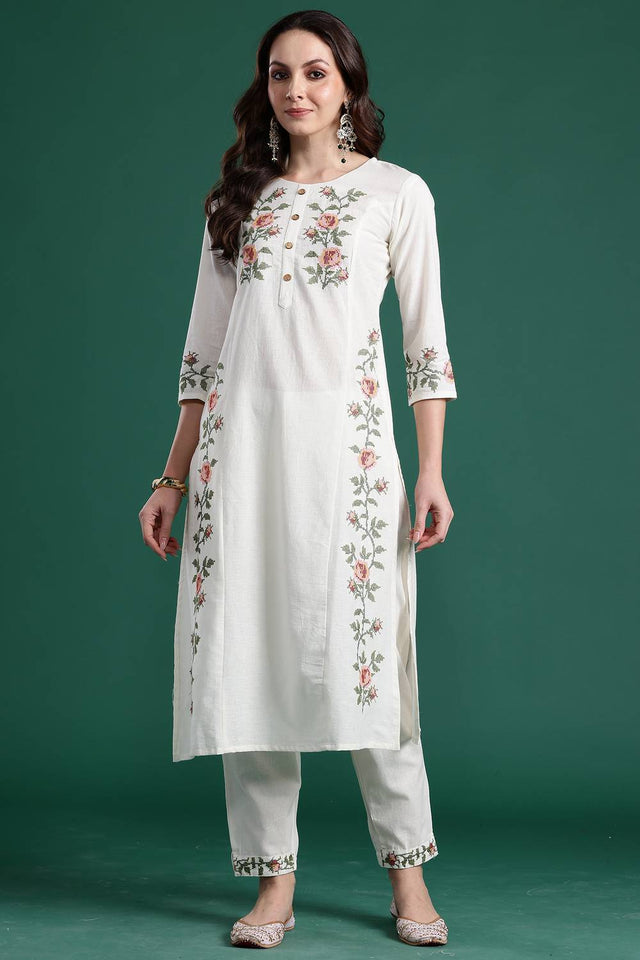 White Floral Printed Cotton Kurti Pant Set (IDKS0WH9860)