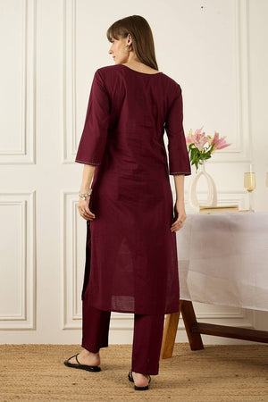 Maroon Floral Printed Cotton Kurti Pant Set (IDKS0WN11808)