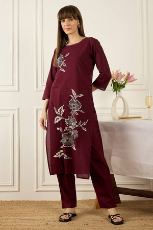 Maroon Floral Printed Cotton Kurti Pant Set (IDKS0WN11808)