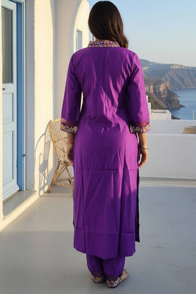 Violet Solid Liva Kurti Pant Set (IDKS1PR12536)