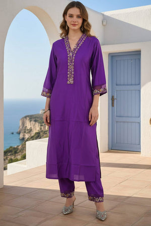 Violet Solid Liva Kurti Pant Set (IDKS1PR12536)