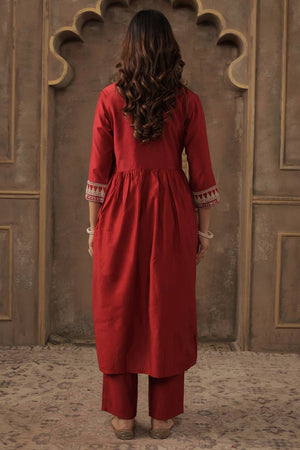 Red Solid Liva Kurti Pant Set (IDKS1RD12303)