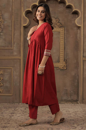 Red Solid Liva Kurti Pant Set (IDKS1RD12303)