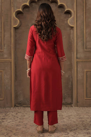 Red Sequin with Embroidered Liva Kurti Pant Set (IDKS1RD12304)