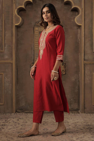 Red Sequin with Embroidered Liva Kurti Pant Set (IDKS1RD12304)