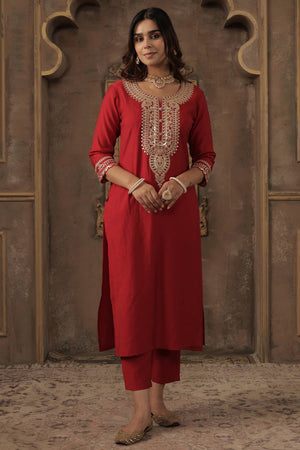 Red Sequin with Embroidered Liva Kurti Pant Set (IDKS1RD12304)