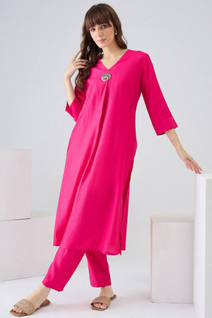 Pink Solid Liva Kurti Pant Set (IDKS1RP12355)