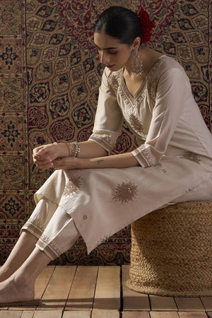 White Embroidered Liva Kurti Pant Set (IDKS1WH12380)