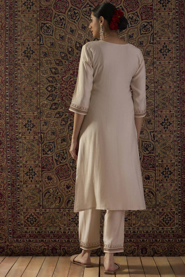 White Embroidered Liva Kurti Pant Set (IDKS1WH12380)