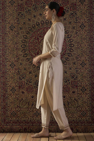 White Embroidered Liva Kurti Pant Set (IDKS1WH12380)