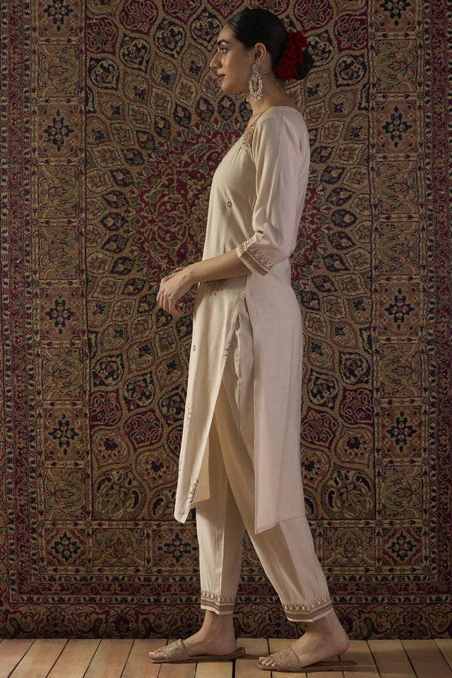 White Embroidered Liva Kurti Pant Set (IDKS1WH12380)