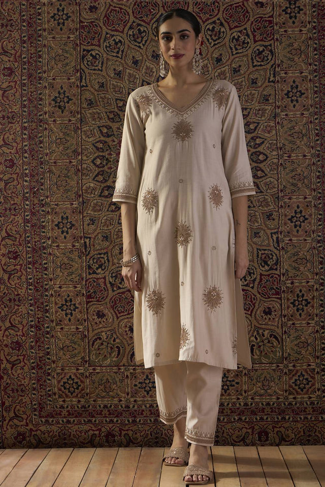 White Embroidered Liva Kurti Pant Set (IDKS1WH12380)