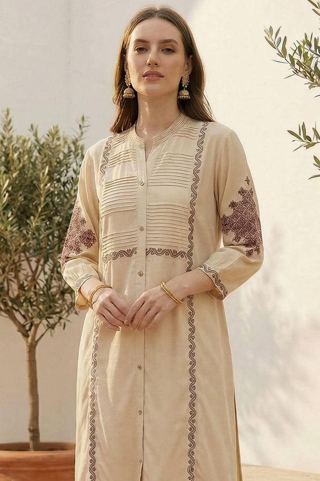 Beige Embroidered Rayon Kurti Pant Set (IDKS5BE11587)