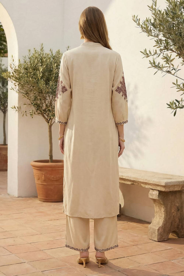 Beige Embroidered Rayon Kurti Pant Set (IDKS5BE11587)