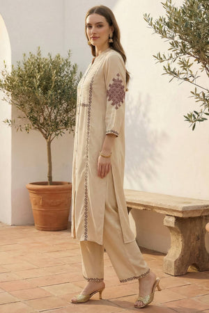 Beige Embroidered Rayon Kurti Pant Set (IDKS5BE11587)