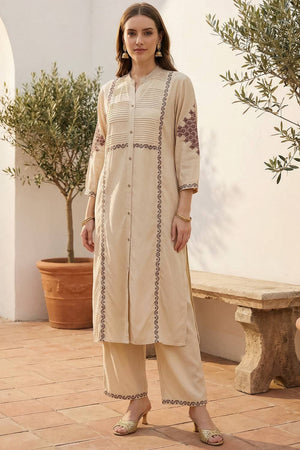 Beige Embroidered Rayon Kurti Pant Set (IDKS5BE11587)