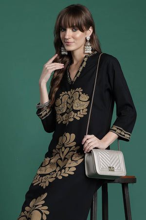 Black Sequin Rayon Kurti Pant Set (IDKS5BK10669)