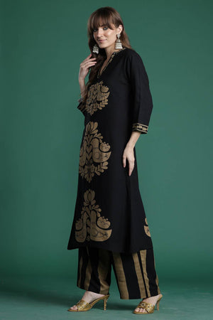 Black Sequin Rayon Kurti Pant Set (IDKS5BK10669)