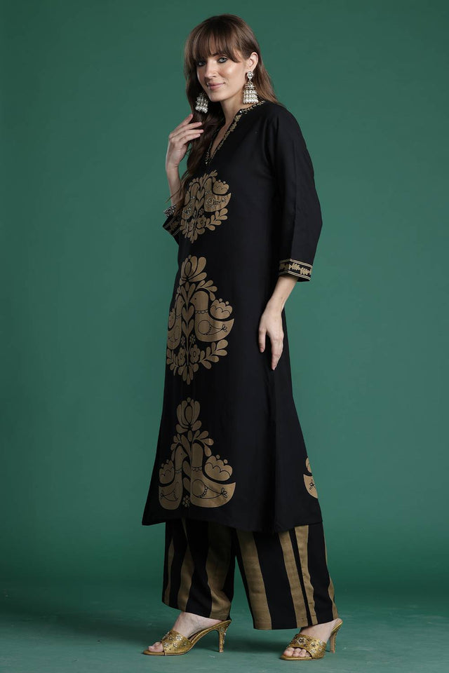 Black Sequin Rayon Kurti Pant Set (IDKS5BK10669)