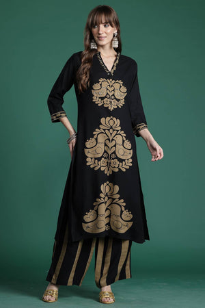 Black Sequin Rayon Kurti Pant Set (IDKS5BK10669)