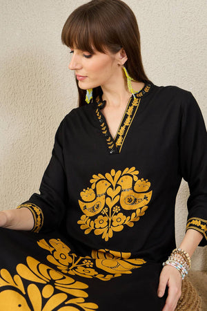 Black Printed Rayon Kurti Pant Set (IDKS5BK12094)