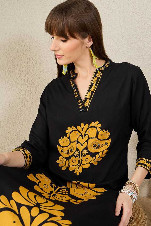 Black Printed Rayon Kurti Pant Set (IDKS5BK12094)