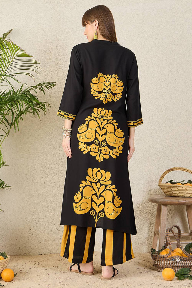Black Printed Rayon Kurti Pant Set (IDKS5BK12094)