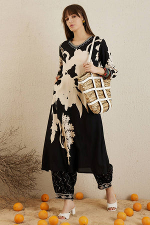 Black Printed Rayon Kurti Pant Set (IDKS5BK6142)