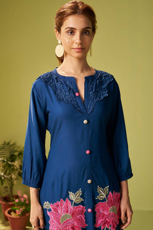 Blue Floral Embroidered Rayon Kurti Pant Set (IDKS5BL11136)