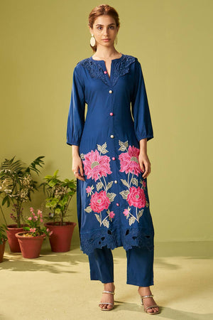 Blue Floral Embroidered Rayon Kurti Pant Set (IDKS5BL11136)